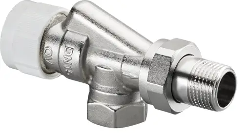 Thermostatventil von Oventrop mit einem Verbindungselement, das eine Metalloberfläche aufweist und einen Anschluss für Rohrleitungen bietet.